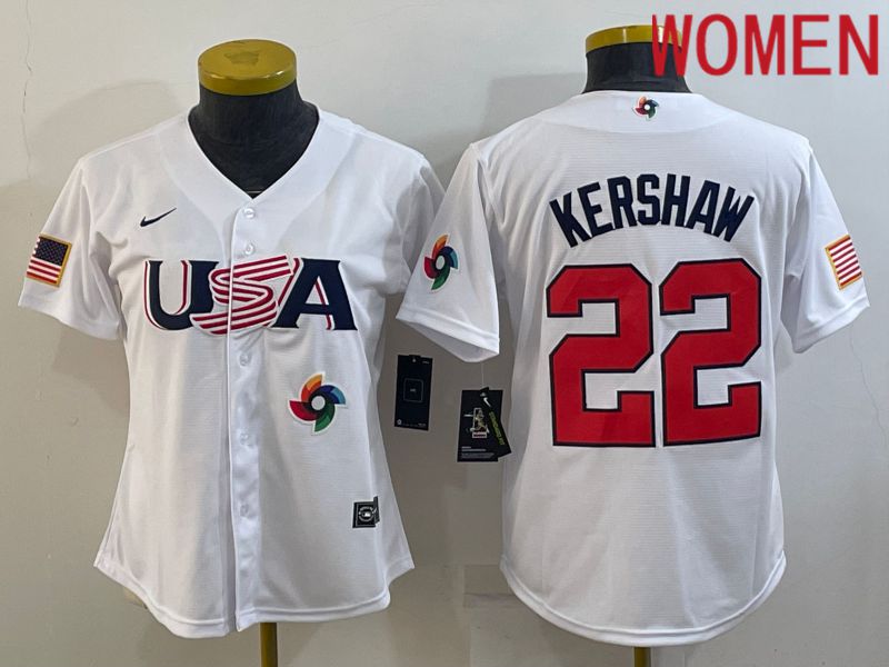 Women 2023 World Cub USA #22 Kershaw White Nike MLB Jersey3->women mlb jersey->Women Jersey